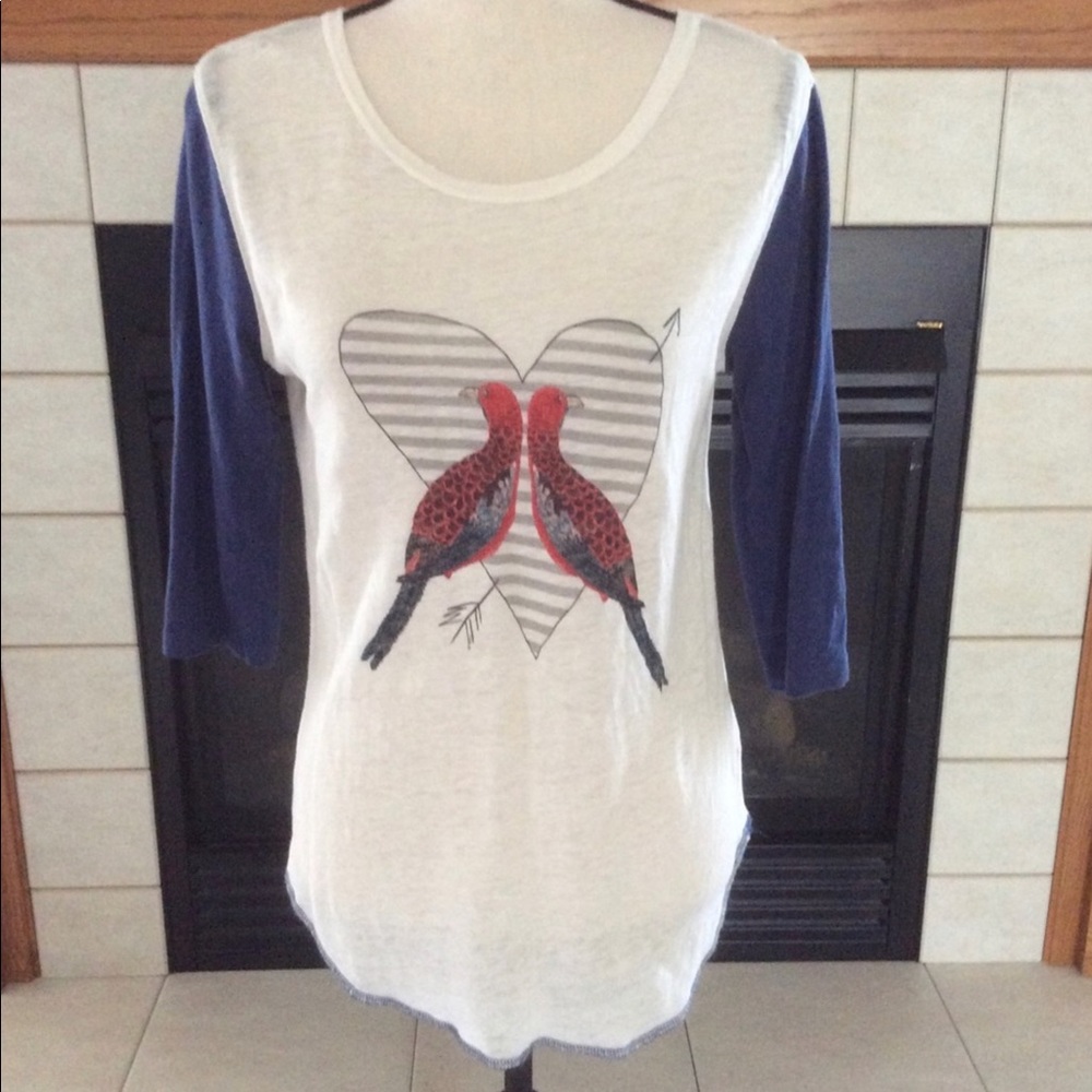 J. Crew | Love Birds | 100% Linen | Baseball Style w contrasting blue sleeves